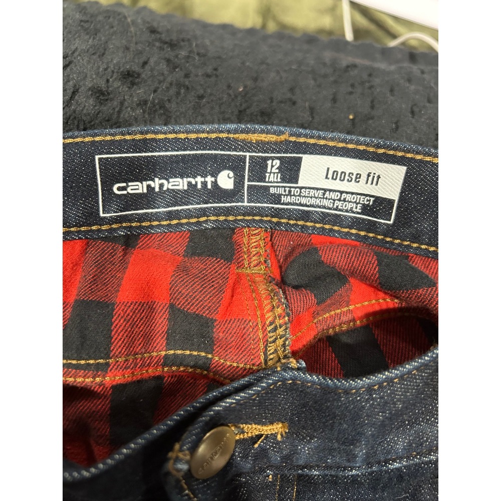 Carhartt Womens Loose Fit Flannel Lined Jeans Dark Wash Indigo 12 Tall Plaid - Picture 6 of 6